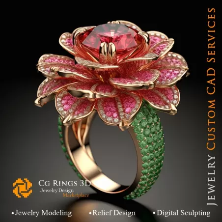 Blumenring mit Rubin, Smaragd und Diamanten - 3D-CAD-Schmuck Zuhause, KI - Schmuck 3D-CAD, KI - Ringe 3D-CAD