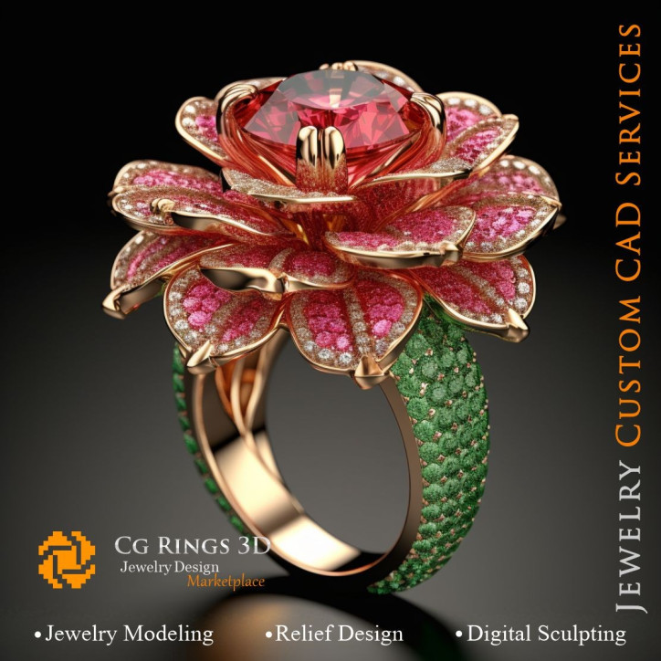 Flower Ring with Rubin,Emerald and Diamonds - 3D CAD Jewelry