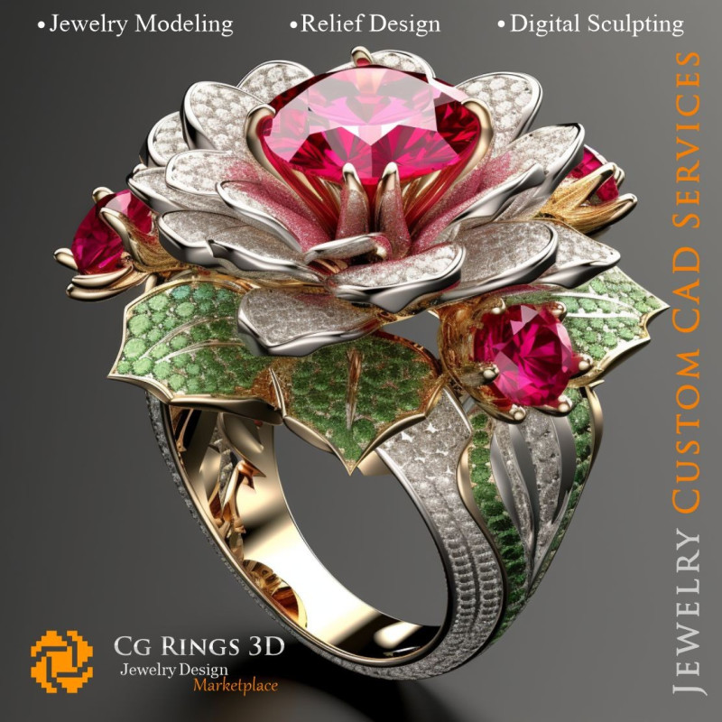 Flower Ring with Rubin,Emerald and Diamonds - 3D CAD Jewelry Home, AI - Jewelry 3D CAD , AI - Rings 3D CAD 