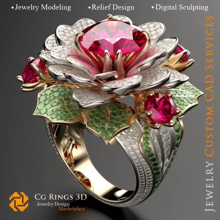 Anillo floral con rubí, esmeralda y diamantes - CAD 3D Joyería
