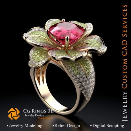 Flower Ring with Rubin,Emerald and Diamonds - 3D CAD Jewelry Home, AI - Jewelry 3D CAD , AI - Rings 3D CAD 