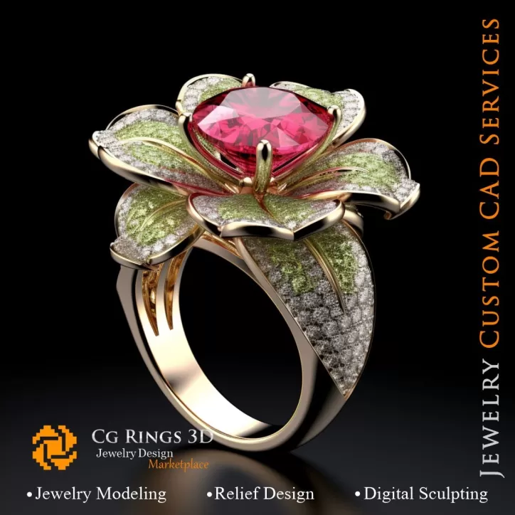 Blumenring mit Rubin, Smaragd und Diamanten - 3D CAD Schmuck