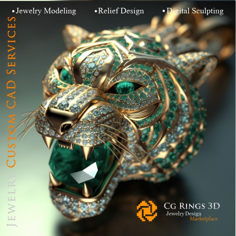 Pendant Tiger with Emeralds and Diamonds- Jewelry 3D CAD Home, AI - Jewelry 3D CAD , AI - Pendants 3D CAD 