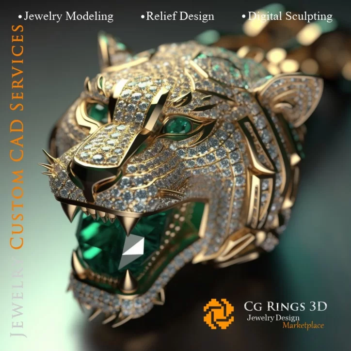 Pendentif Tigre avec Émeraudes et Diamants - Bijoux 3D CAO