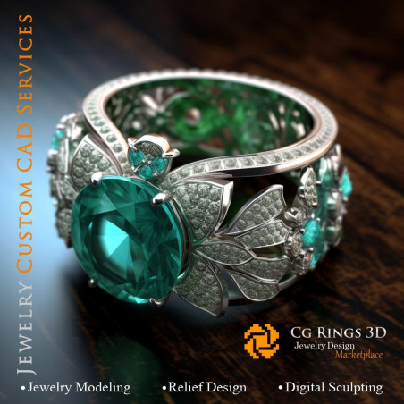 Ring with Emerald and Diamonds - 3D CAD Jewelry