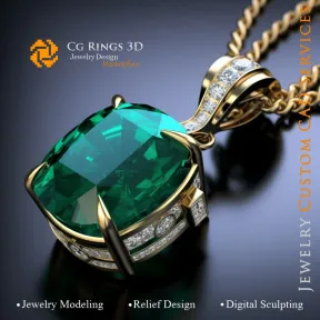 Anhänger mit Smaragd und Diamanten - Schmuck 3D-CAD Home, KI - Schmuck 3D-CAD, KI - Anhänger 3D-CAD