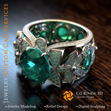 Ring with Emerald and Diamonds - 3D CAD Jewelry