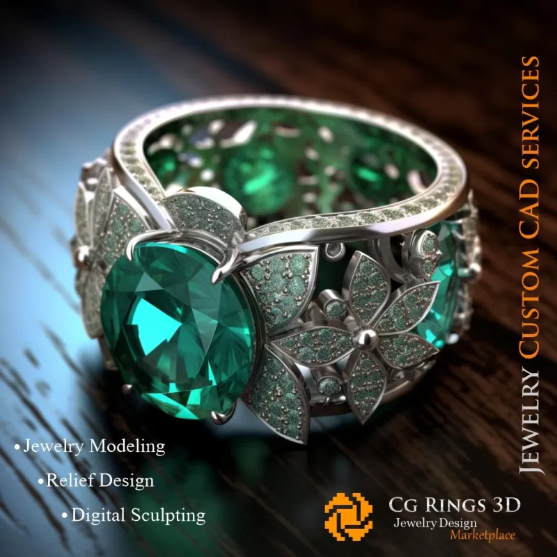 Anillo con esmeralda y diamantes - 3D CAD Joyería