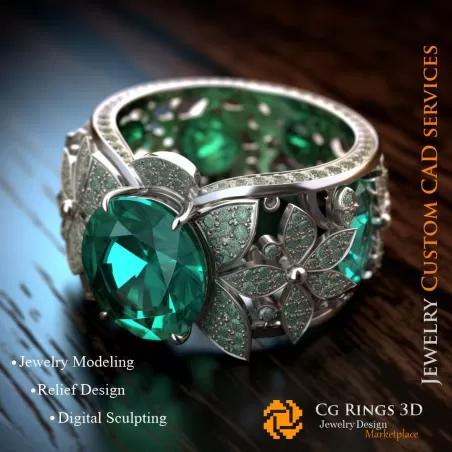 Ring mit Smaragd und Diamanten - 3D-CAD Schmuck Zuhause, KI - Schmuck 3D-CAD, KI - Ringe 3D-CAD