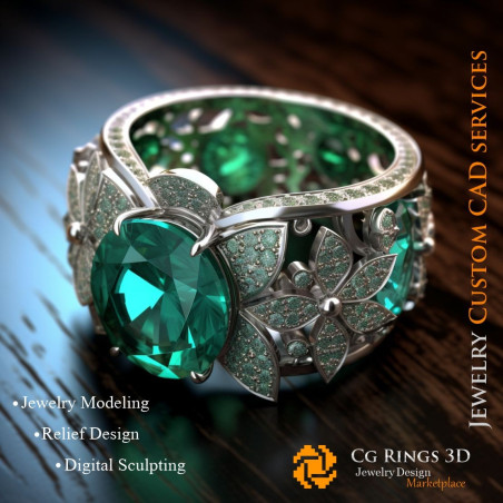 Ring with Emerald and Diamonds - 3D CAD Jewelry Home, AI - Jewelry 3D CAD , AI - Rings 3D CAD 