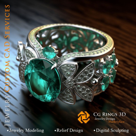 Ring with Emerald and Diamonds - 3D CAD Jewelry Home, AI - Jewelry 3D CAD , AI - Rings 3D CAD 