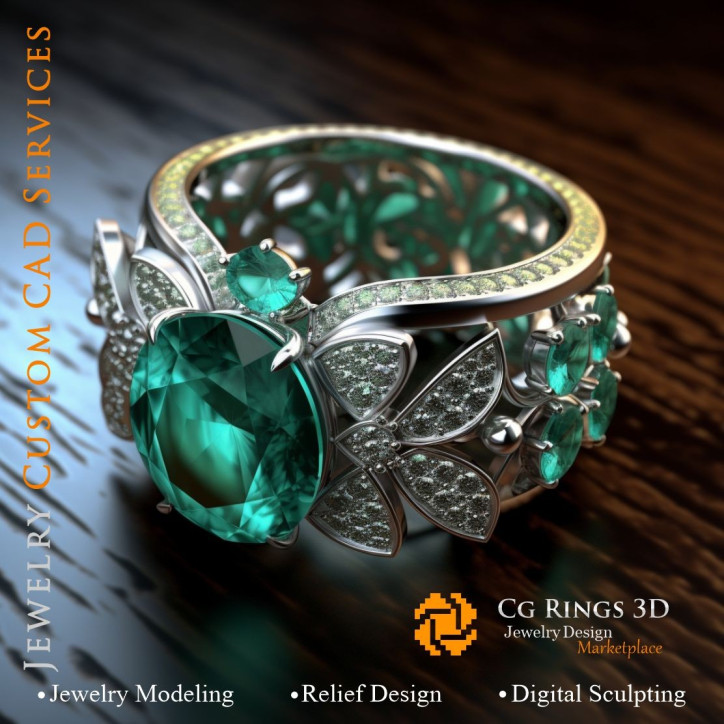 Ring with Emerald and Diamonds - 3D CAD Jewelry