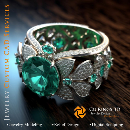 Ring with Emerald and Diamonds - 3D CAD Jewelry