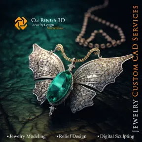 Colgante de mariposa con esmeralda y diamantes - Joyería 3D CAD Hogar, IA - Joyería 3D CAD, IA - Colgantes 3D CAD