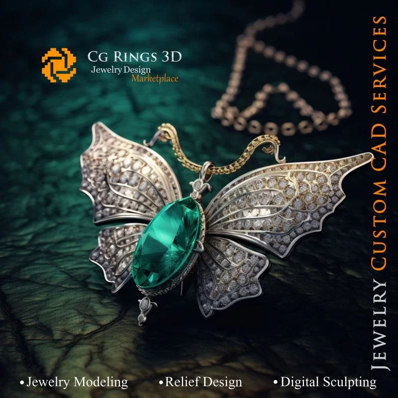 Pendentif Papillon avec émeraude et diamants - Bijoux 3D CAD Home, AI - Bijoux 3D CAO, AI - Pendentifs 3D CAO