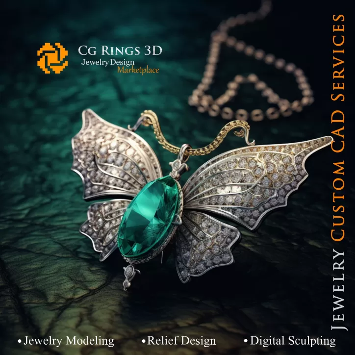 Schmetterlingsanhänger mit Smaragd und Diamanten - Jewelry 3D CAD Schmetterlingsanhänger mit Smaragd und Diamanten - Jewelry 3D CAD