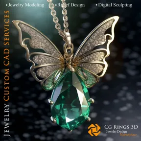 Colgante de mariposa con esmeralda y diamantes - CAD 3D de joyería Hogar, IA - CAD 3D de joyería, IA - Colgantes CAD 3D