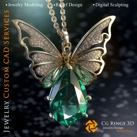 Butterfly Pendant with Emerald and Diamonds - Jewelry 3D CAD Home, AI - Jewelry 3D CAD , AI - Pendants 3D CAD 