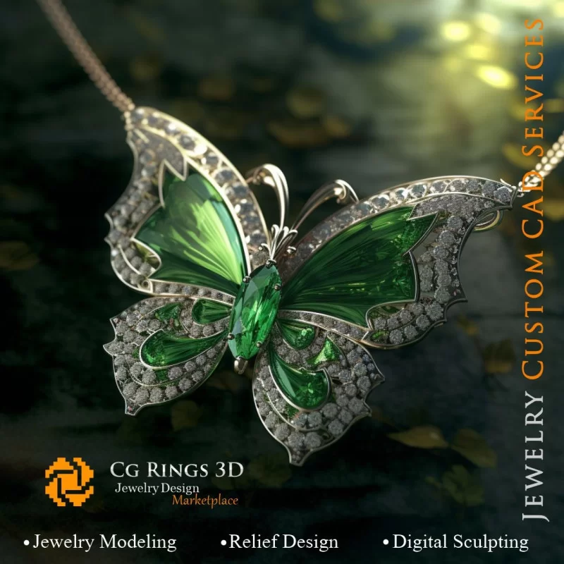 Pendentif Papillon avec émeraude et diamants - Bijoux 3D CAD Home, AI - Bijoux 3D CAO, AI - Pendentifs 3D CAO