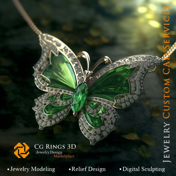 Butterfly Pendant with Emerald and Diamonds - Jewelry 3D CAD