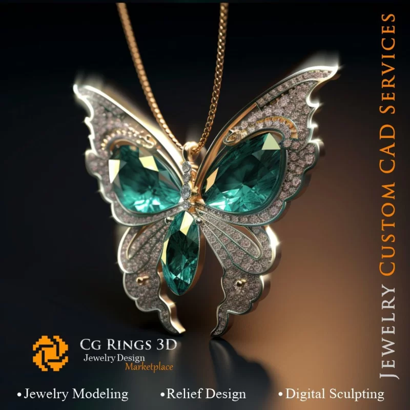 Butterfly Pendant with Emerald and Diamonds - Jewelry 3D CAD Home, AI - Jewelry 3D CAD , AI - Pendants 3D CAD 