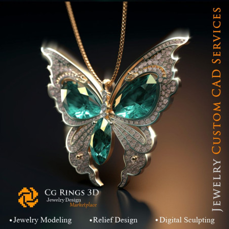 Butterfly Pendant with Emerald and Diamonds - Jewelry 3D CAD Home, AI - Jewelry 3D CAD , AI - Pendants 3D CAD 