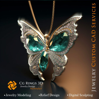 Pendentif Papillon avec émeraude et diamants - Bijoux 3D CAD Home, AI - Bijoux 3D CAO, AI - Pendentifs 3D CAO