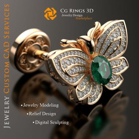 Boutons de manchette papillon avec émeraude et diamants - Jewelry 3D CAD Home, AI - Bijoux 3D CAO, AI - Boutons Manchette 3D CAO