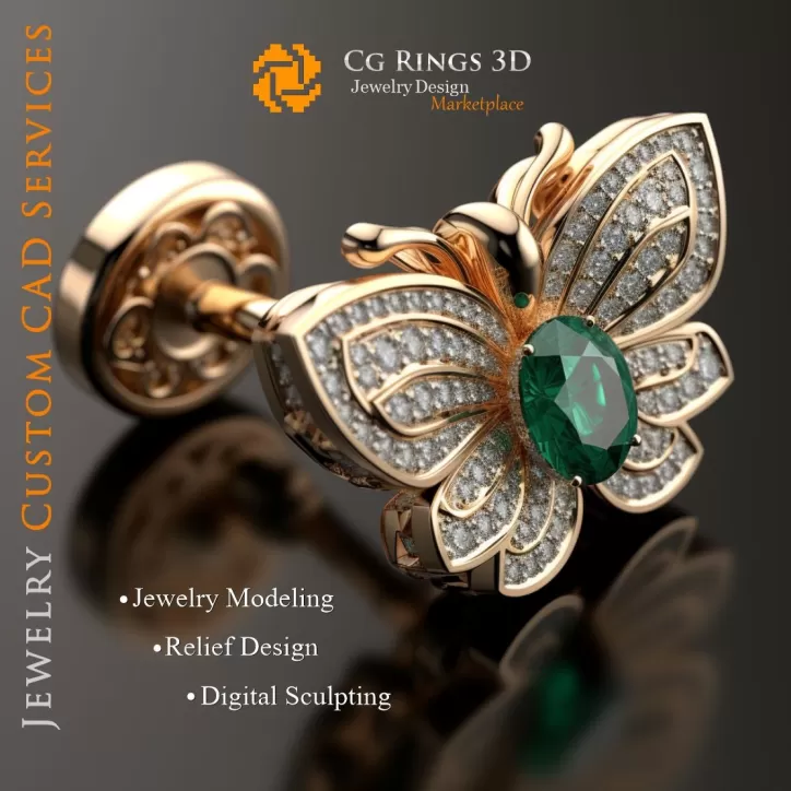 Schmetterlingsmanschettenknöpfe mit Smaragd und Diamanten - Schmuck 3D CAD