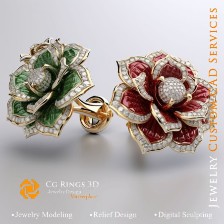 Boutons de manchette fleur avec rubis, émeraude et diamants - 3D CAD Jewelry Home, AI - Bijoux 3D CAO, AI - Boutons Manchette 3D
