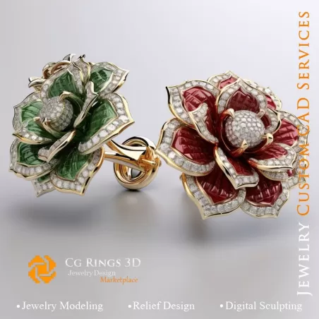 Gemelos con flores con rubí, esmeralda y diamantes - CAD 3D de joyería para el hogar, IA - CAD 3D de joyería, IA - CAD 3D de