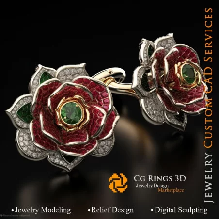 Boutons de manchette fleur avec rubis, émeraude et diamants - 3D CAD Jewelry Home, AI - Bijoux 3D CAO, AI - Boutons Manchette 3D