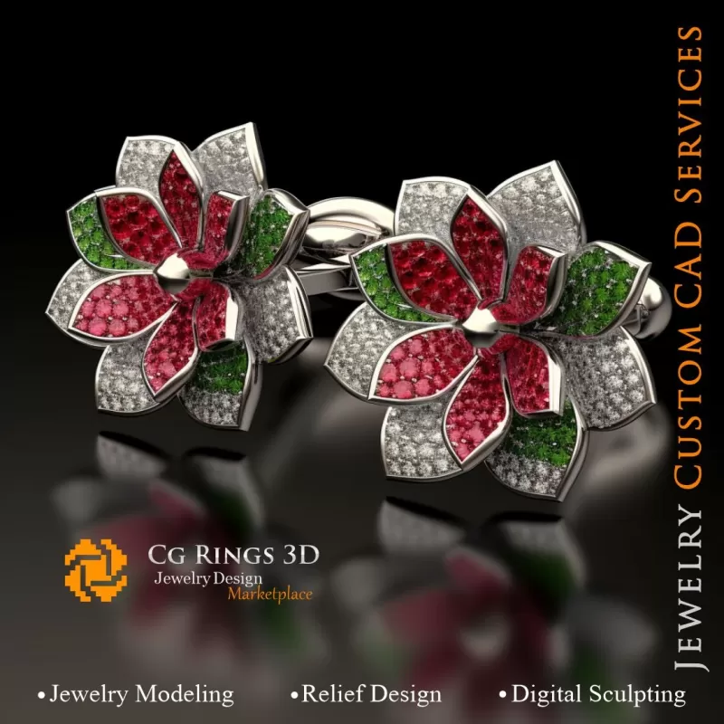 Gemelos en forma de flor con rubí, esmeralda y diamantes - CAD 3D de joyería