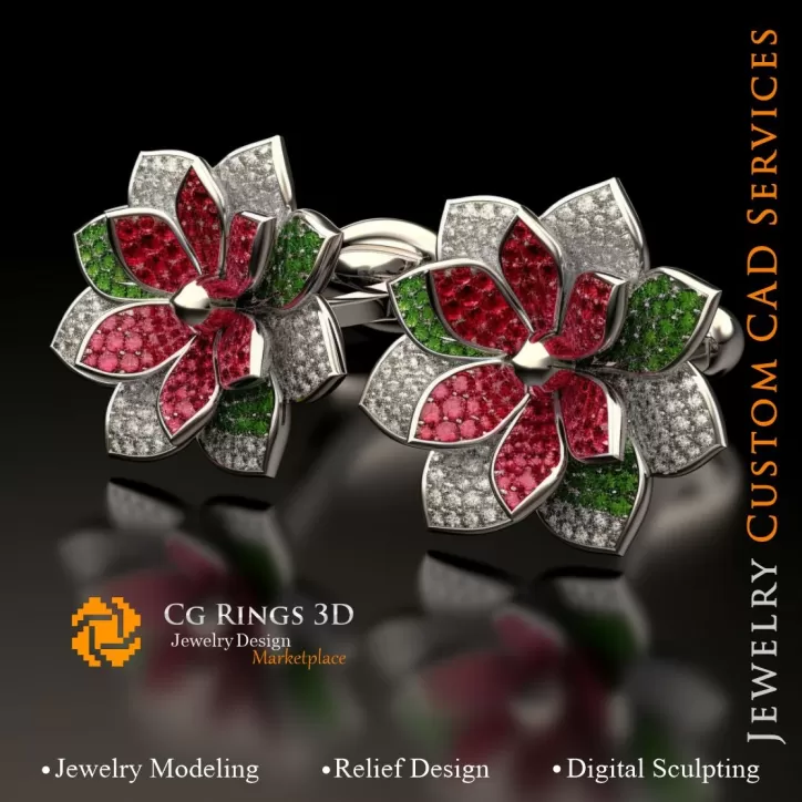 Blumen-Manschettenknöpfe mit Rubin, Smaragd und Diamanten - 3D CAD Schmuck