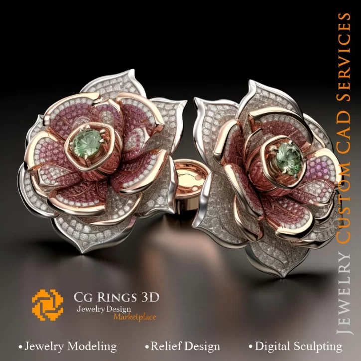 Flower Cufflinks with Rubin,Emerald and Diamonds - 3D CAD Jewelry