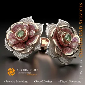 Boutons de manchette fleur avec rubis, émeraude et diamants - 3D CAD Jewelry