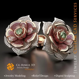 Boutons de manchette fleur avec rubis, émeraude et diamants - 3D CAD Jewelry Home, AI - Bijoux 3D CAO, AI - Boutons Manchette 3D