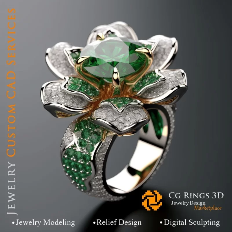 Anillo con esmeralda y diamantes - CAD 3D de joyería