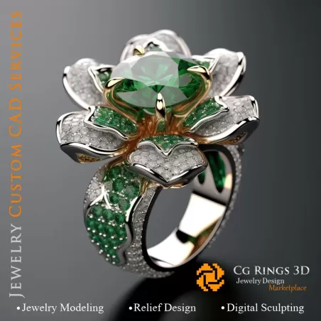 Anillo con esmeralda y diamantes - CAD 3D para joyería, IA - CAD 3D de joyería, IA - Anillos CAD 3D