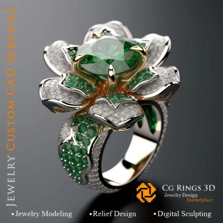 Ring mit Smaragd und Diamanten - 3D-CAD-Schmuck Zuhause, KI - 3D-CAD-Schmuck, KI - Ringe 3D-CAD
