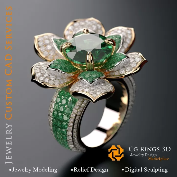 Anillo con esmeralda y diamantes - 3D CAD Joyería