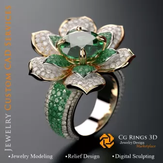 Anillo con esmeralda y diamantes - CAD 3D de joyería, IA - CAD 3D de anillos, IA