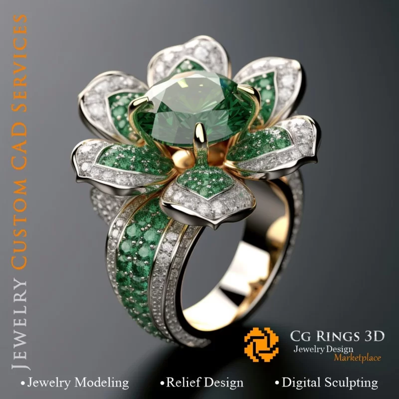 Ring with Emerald and Diamonds - 3D CAD Jewelry Home, AI - Bijoux 3D CAO, AI - Anneaux 3D CAO 