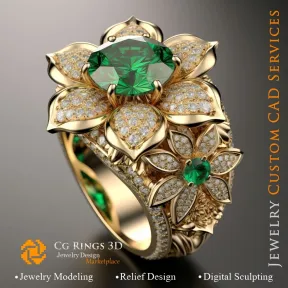 Ring with Emerald and Diamonds - 3D CAD Jewelry Home, AI - Jewelry 3D CAD , AI - Rings 3D CAD , AI - 3D CAD Jewelry Melody of Co