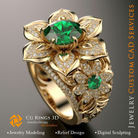 Flower Ring with Emerald and Diamonds - 3D CAD Jewelry Home, AI - Jewelry 3D CAD , AI - Rings 3D CAD 