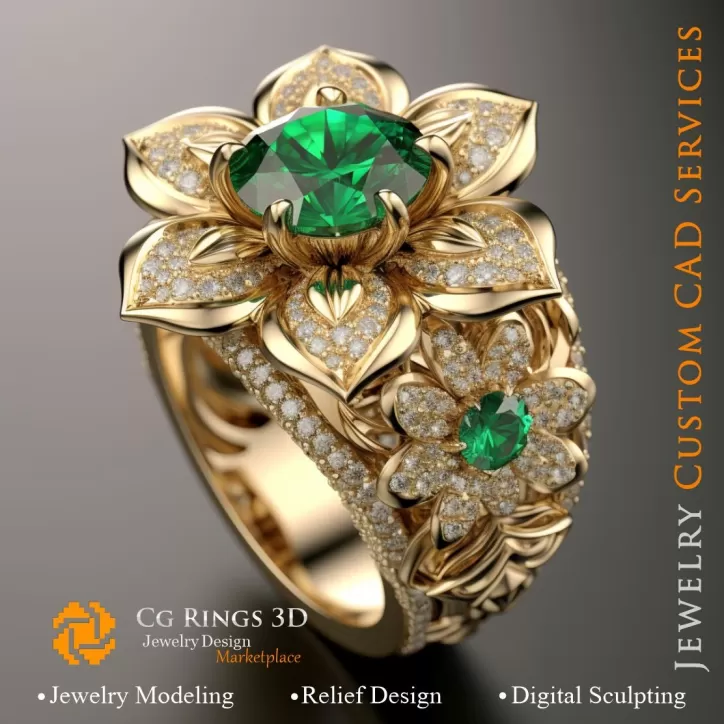 Anello a fiore con smeraldo e diamanti - 3D CAD Gioielleria