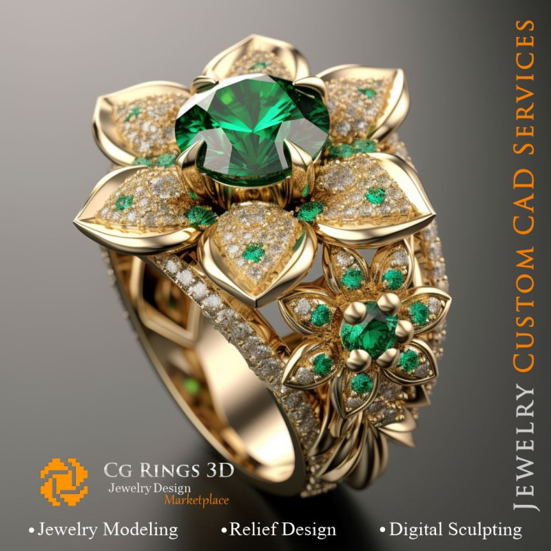 Flower Ring with Emerald and Diamonds - 3D CAD Jewelry Home, AI - Jewelry 3D CAD , AI - Rings 3D CAD , AI - 3D CAD Jewelry Melod