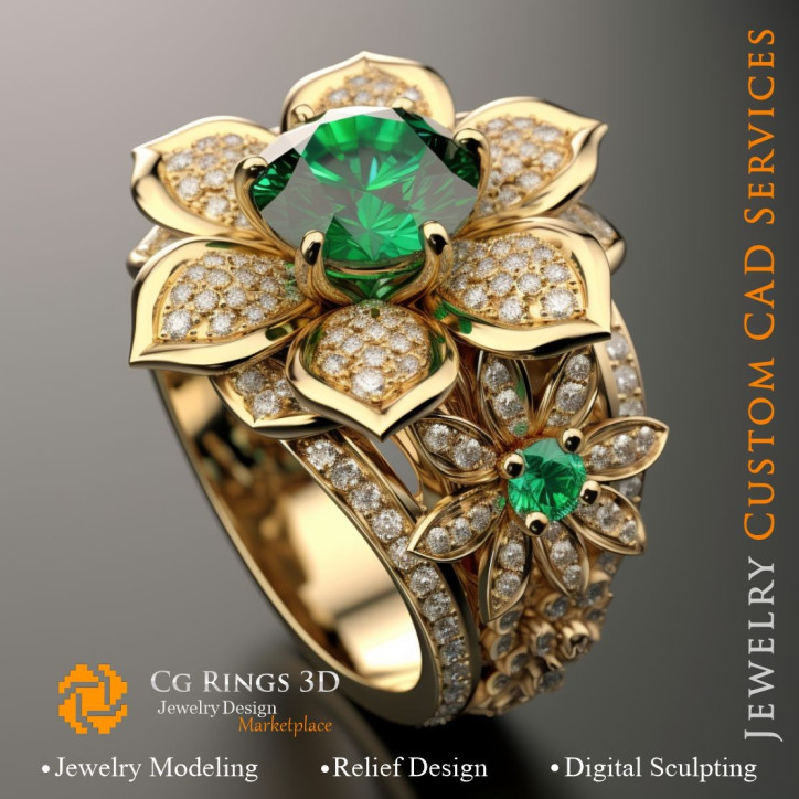 Flower Ring with Emerald and Diamonds - 3D CAD Jewelry