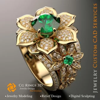 Flower Ring with Emerald and Diamonds - 3D CAD Jewelry Home, AI - Jewelry 3D CAD , AI - Rings 3D CAD , AI - 3D CAD Jewelry Melod