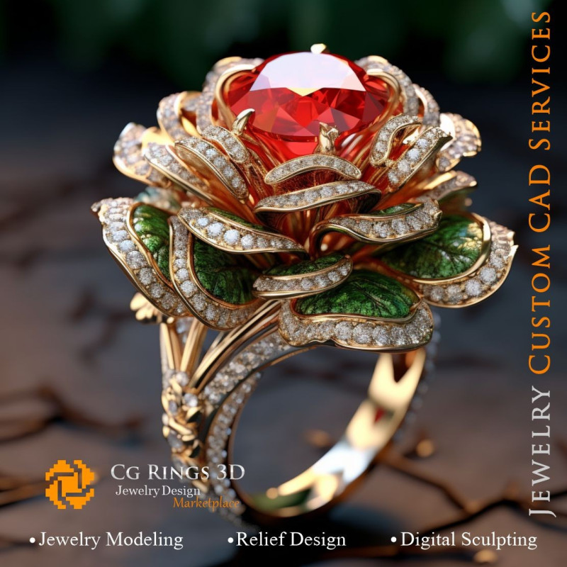 Flower Ring with Rubin,Emerald and Diamonds - 3D CAD Jewelry Home, AI - Jewelry 3D CAD , AI - Pendants 3D CAD 